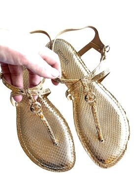 Michael Kors Metallic Gold Snake-Embossed T-Strap Sandals